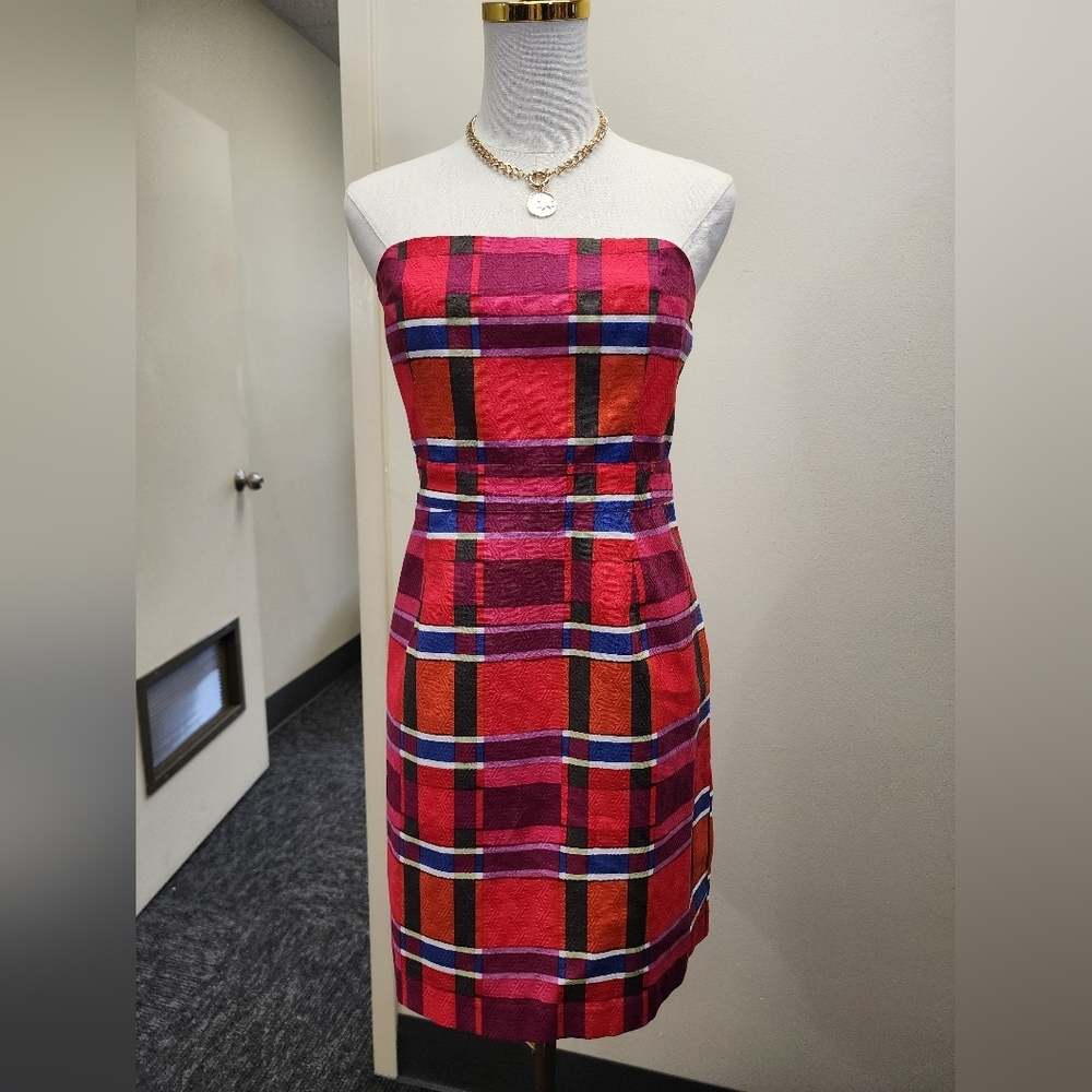 Banana Republic Pink Red Plaid Strapless Dress Size 6P